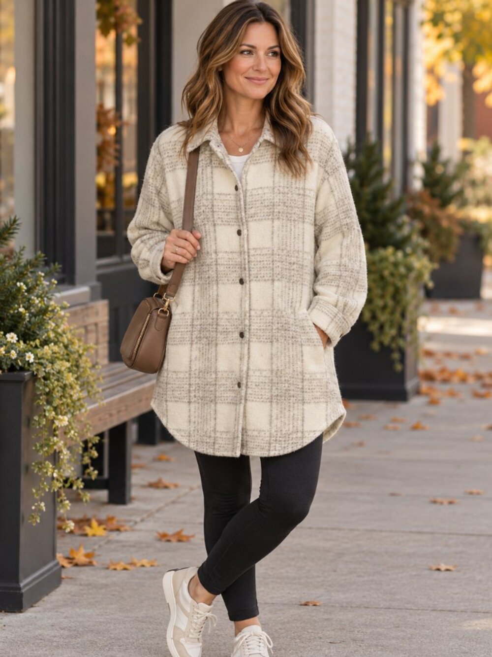 Womens Plaid Shacket Small Ivory Gray Oversized Casual Fall Granola Shirt Jacket